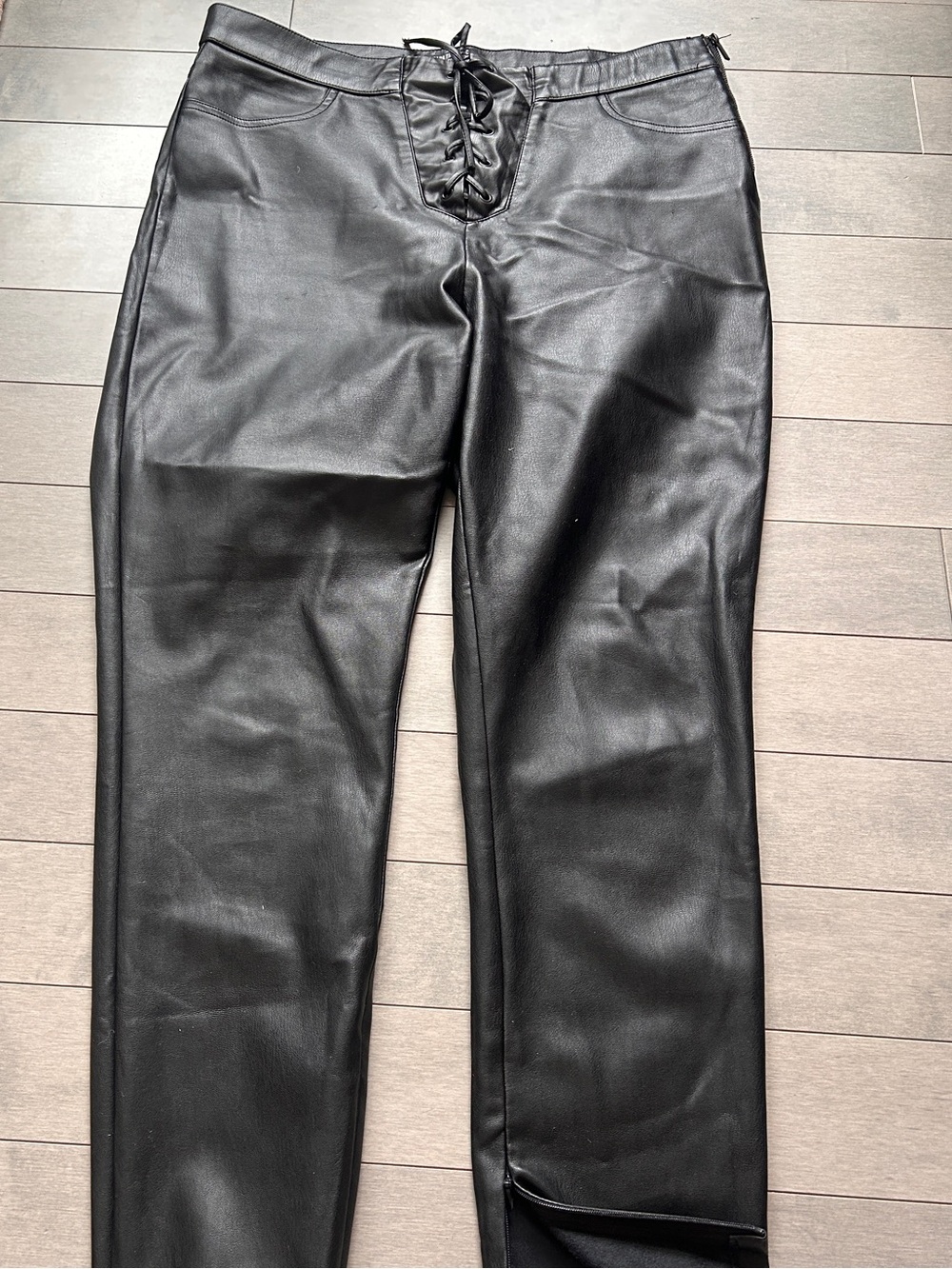 Zara Black Faux Leather Skinny Jeans with Lace-Up Front